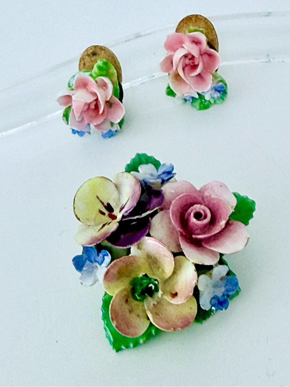 Vintage Bone China Floral Brooch & Clip On Earrings Set Porcelain Flowers